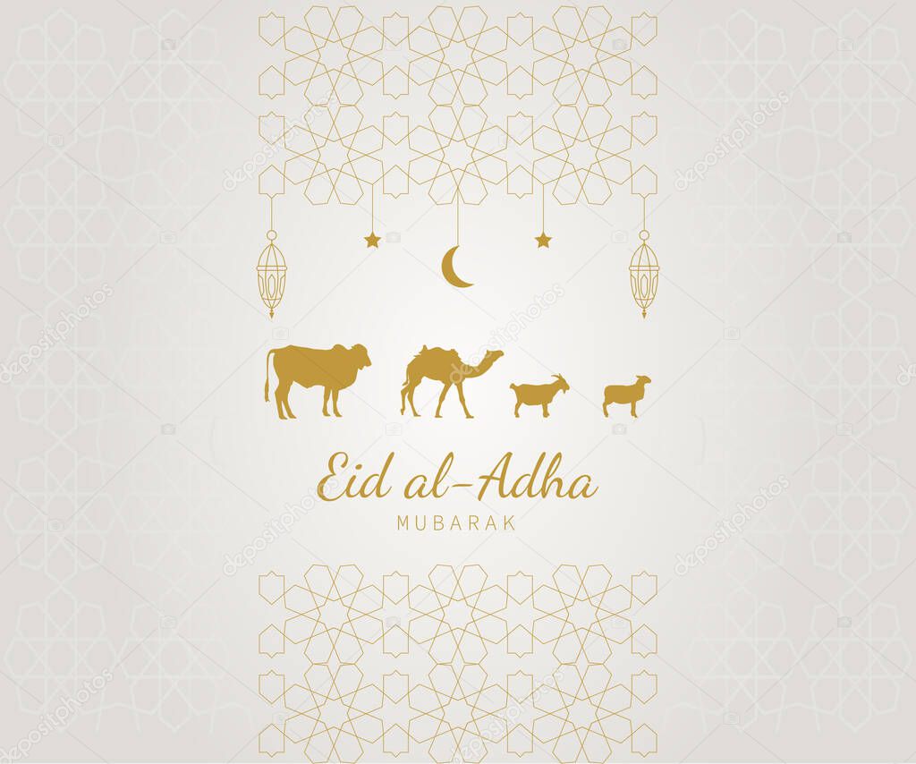 Eid al Adha Mubarak Greeting Card. Idul Adha Background with sacrificial animals vector illustration