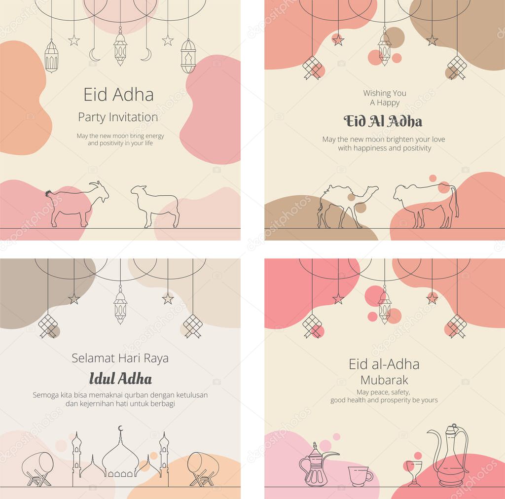 Set of Eid al Adha Greeting Card Pastel Background Vector Illustration