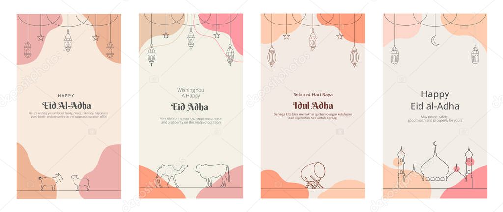 Set Eid al Adha Social Media Post Template. Idul Adha Greeting Card Vector Illustration Pastel Background