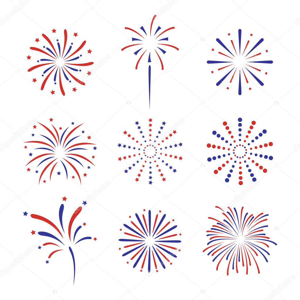 Set fireworks elements. Happy 4th July fireworks. Celebration fireworks explode carnival party firecracker explosions. Colorful festival fireworks vector illustration.