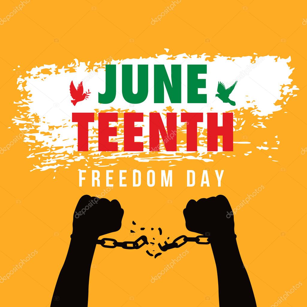 Juneteenth Freedom Day on 19 June. Black Arms break the chains with doves concept vector illustration.