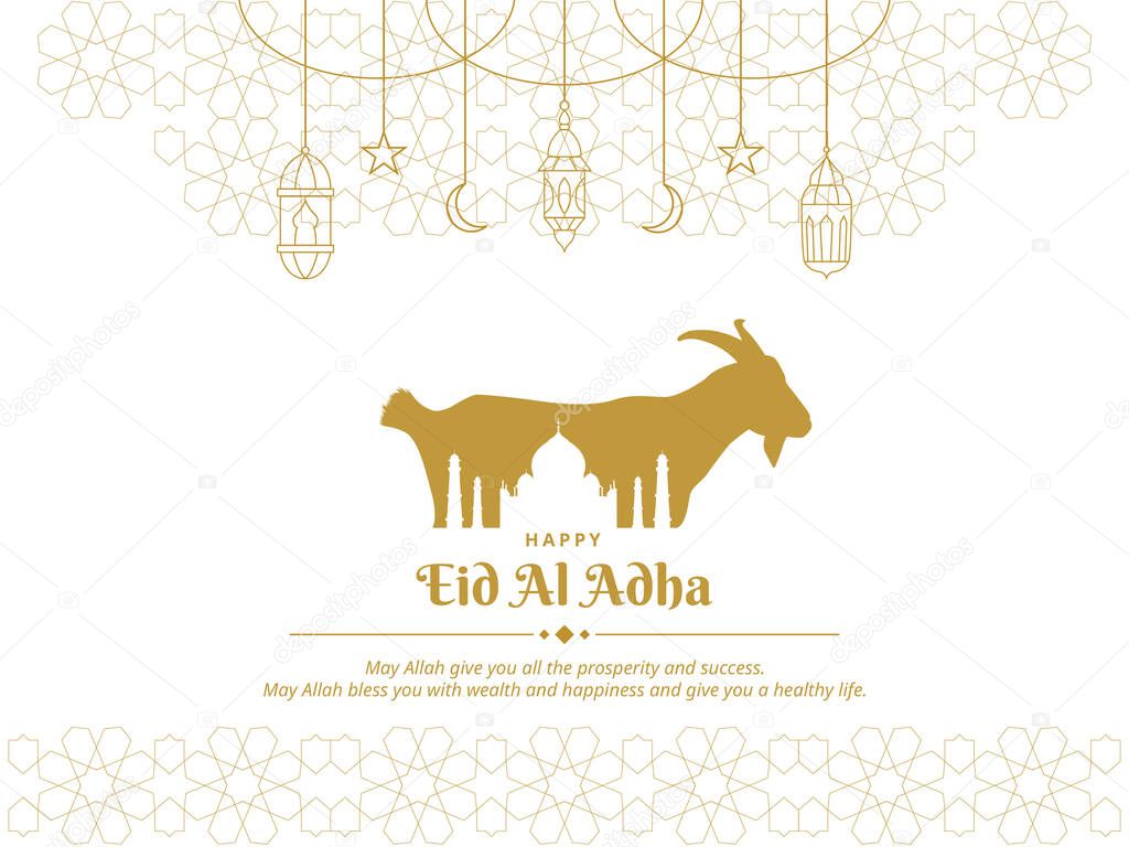 Eid al Adha Greeting Card with Arabic Pattern, Goat, and Mosque. Vector Illustration