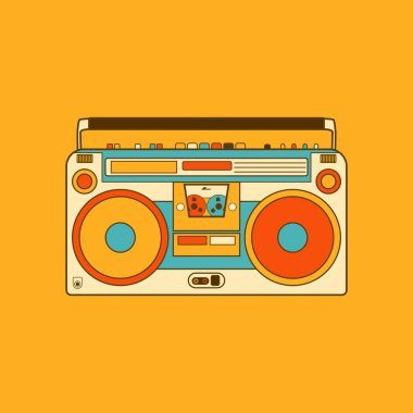 Retro taşınabilir stereo boombox radyo alıcısı ve kaset kaydedici vektör çizimi