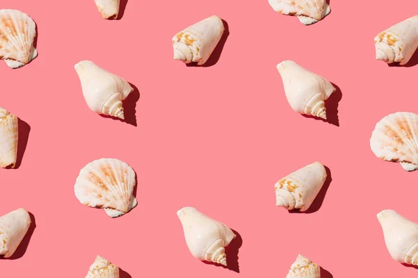 Creative Pattern Made Seashells Peach Pink Background Minimal Flat Lay — стоковое фото