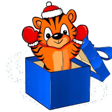 Noel Baba şapkalı ve eldivenli çizgili kaplan, yalıtılmış beyaz arka planda fiyonklu hediye kutusunda oturuyor. Tasarımcılar için Noel illüstrasyonu, tebrik kartları. Çin Yeni Yılı Sembolü.