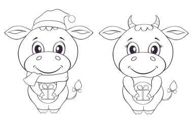 Beyaz arka planda karikatür tarzında çizilmiş şirin boğalar. Çocuk boyama sayfası için illüstrashion. Elbise, etiket, yama, çıkartma, kart için baskı. Noel, Yeni Yıl, Yılın sembolü.