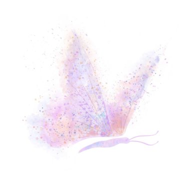 Parlak pembe, mor ve sarı kanatlı soyut kelebek lekeler ve izole edilmiş beyaz arka planda sıçramalar var. Suluboya çizimi.