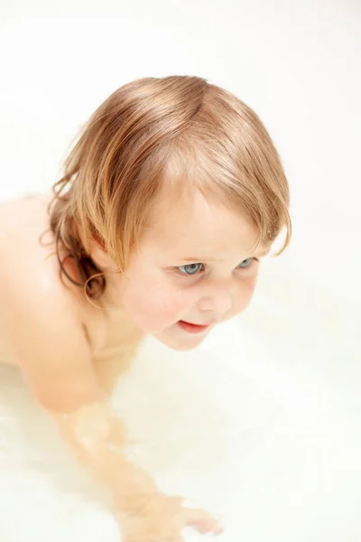 Little Girl Bathes White Bathroom Clean Clear Water Stock Photo