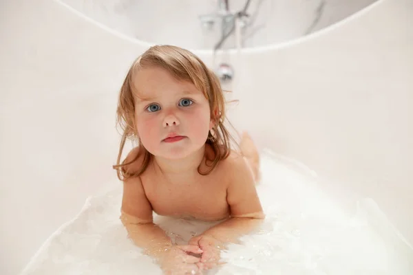 Little Girl Bathes White Bathroom Clean Clear Water Stock Image