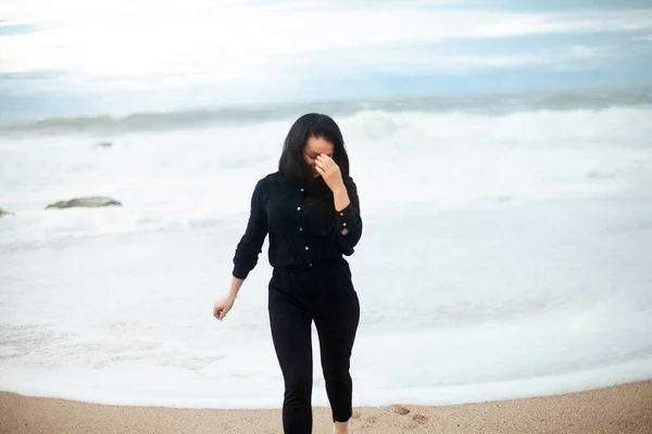 Young Beautiful Girl Beach Ocean Cloudy Weather Marimar Beach Portugal Stock Image