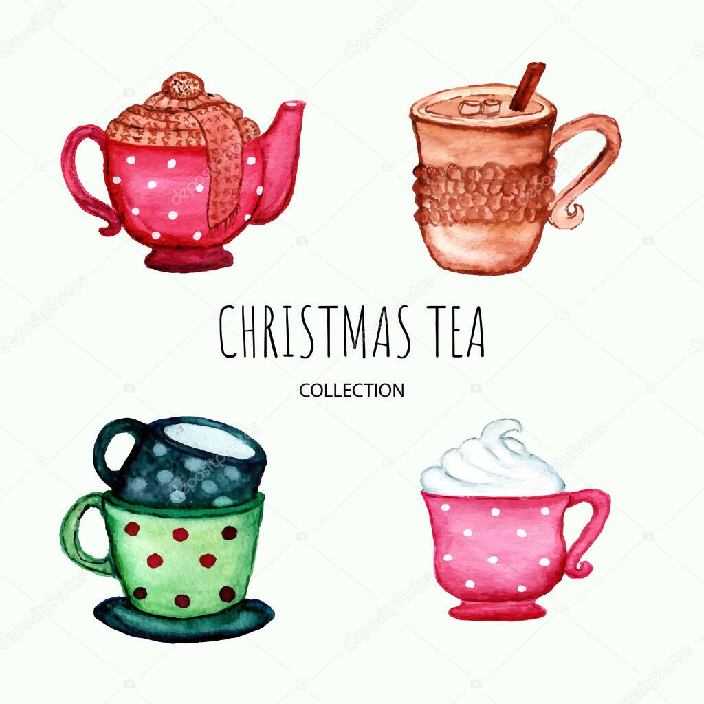 hand drawn set of cup christmas tea collection