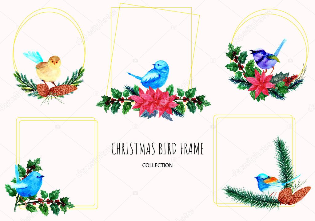 hand drawn set of bird christmas frame
