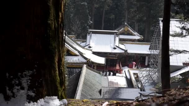 Typisch japanische Architektur. Japanische Architektur im Winter. Verschneite Dächer. — Stockvideo