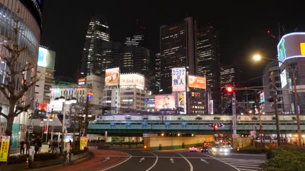 Vista nocturna de la concurrida carretera de Tokio en Shinjuku con pantallas de publicidad de neón iluminadas. — Vídeos de Stock