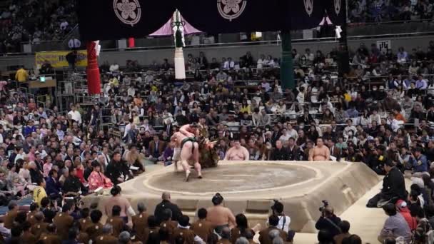 Sumo tournament in Japan. Sumo wrestlers fight. Sumo match in slowmotion. — Stock Video