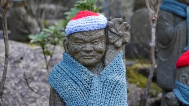 Små buddhastatyer Daisho-in i en trädgård i ett tempel i Miyajima, Japan. — Stockvideo