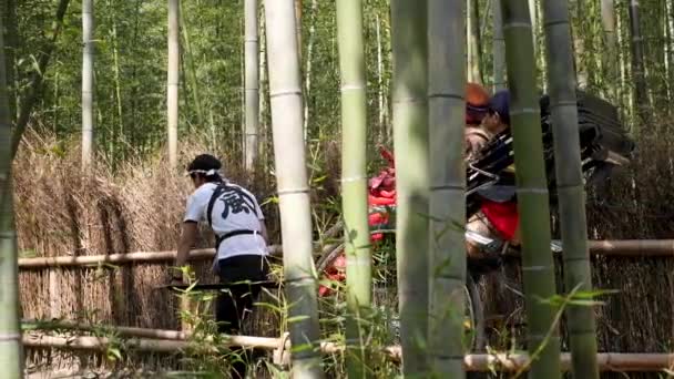Туристы наслаждаются рикша ездить в Арашияма бамбуковых лесов в Киото, Япония — стоковое видео