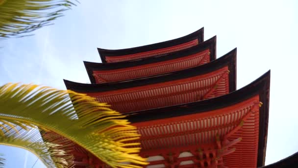 Japanische fünfstöckige Pagode mit einer Palme. Insel Miyajima, Hiroshima. — Stockvideo