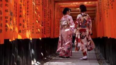 Yavaş çekim Kimono 'daki kızlar Fushimi Inari Taisha, Kyoto.