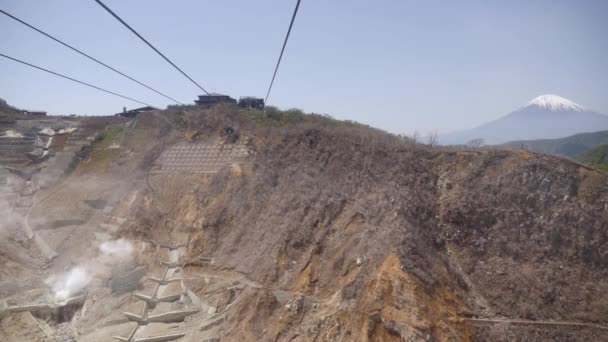 Ropeway går över svavelgruvan i Owakudani. Gate till helvetet. — Stockvideo