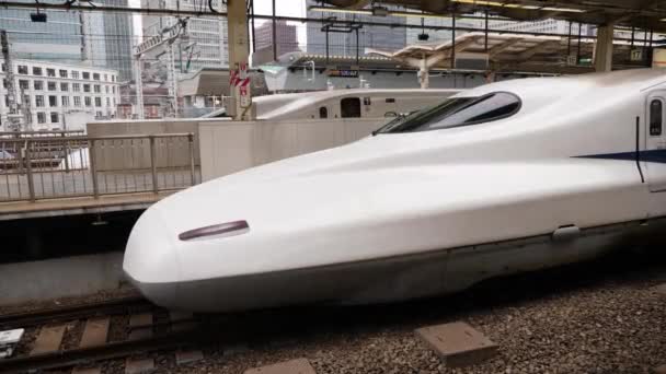일본의 총알 열차 노조미 신칸센 (Nozomi Shinkansen) 이 도쿄 역을 떠난다. 고화질 장면 — 비디오