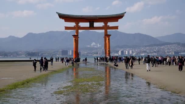 Wereldberoemde drijvende Torii poort in Miyajima eiland. Itsukushima Shinto Heiligdom. — Stockvideo