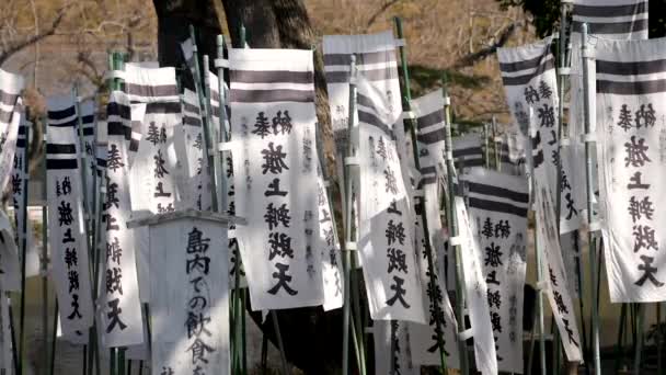 Genji Gölü 'ndeki Benzaiten Tapınağı' ndan nefret ediyorum. Japonya, Kamakura 'da Sintoistik bayraklar — Stok video