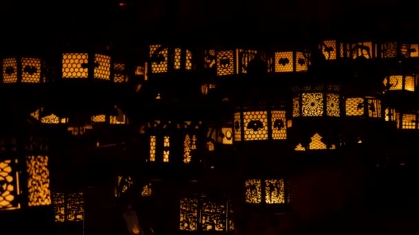 Faroles parpadeantes en la oscuridad. Siluetas linterna brozne ornamental en Nara. — Vídeos de Stock