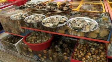 Turist olmayan Jagalchi Balık Pazarı. Deniz kabuğu satmak. Busan, Güney Kore. 