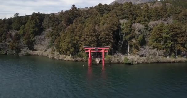 Torii of Peace, Hakone Shrine. Floating Torii gate in a volcanic lake Ashi — стокове відео