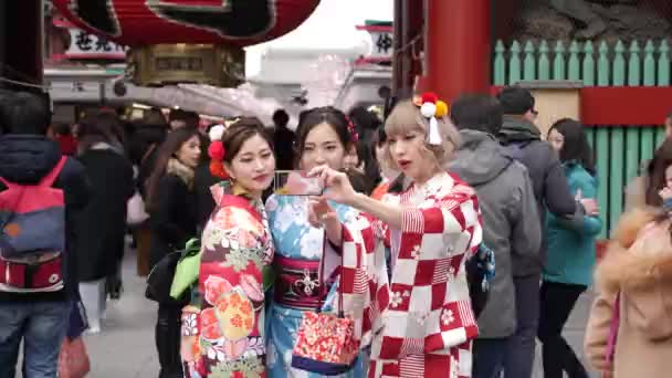 Skrattar unga vackra japanska flickor bär en traditionell japansk kimono. — Stockvideo
