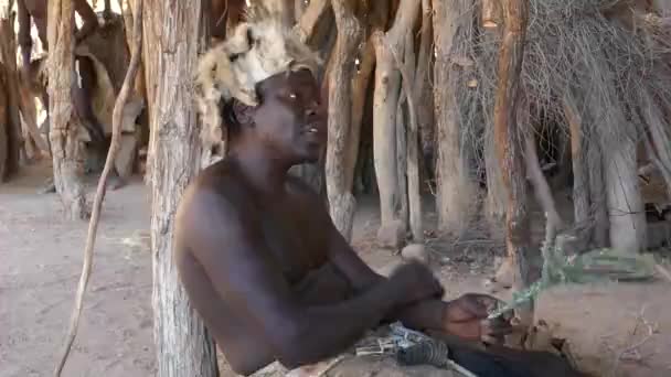 ナミビアのトゥイフェルフォンテイン 5月23日22 Damara Chiefは アフリカの伝統的な村のカメラにアフリカのハーブの治癒効果を説明しています アフリカの民族集団 — ストック動画
