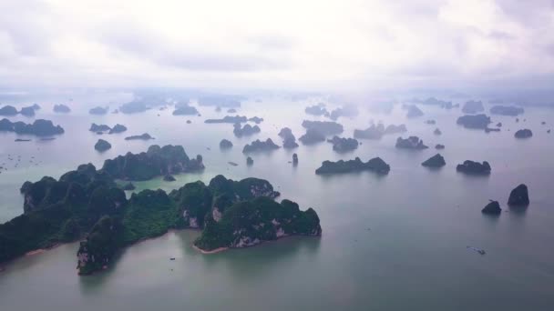 Повітряні Кадри Mystical Long Bay Єтнамі Літають Над Скелями Спускається — стокове відео