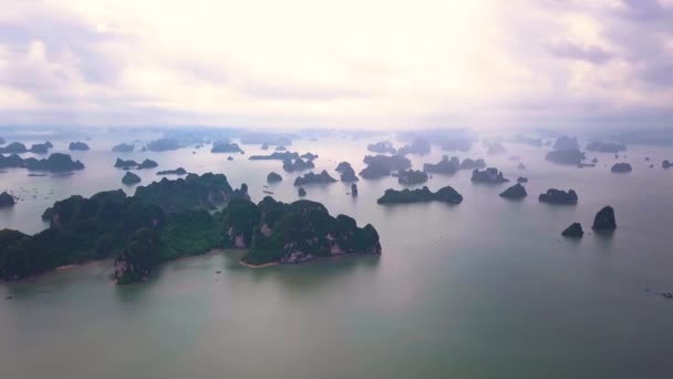 Aerial Footage Mystical Long Bay Vietnam Flying Rocks Sheer Cliffs — Stockvideo