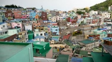 Busan, South Korea - July 23, 22: Popular tourist attraction Gamcheon Culture Village. Nickname is Machu Picchu of Busan. Brightly painted houses. High quality 4k footage
