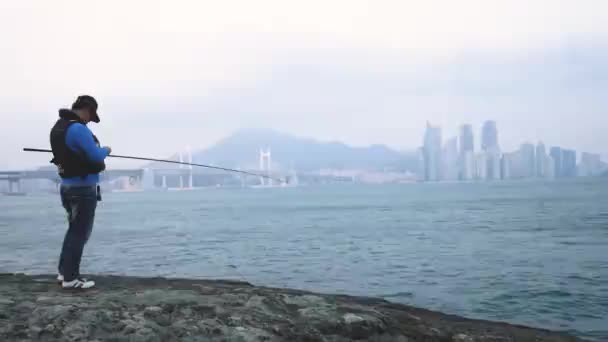 Pusan Cityscape View Gwangan Bridge Busan Fisherman South Korea High — Stockvideo