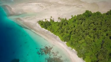 Eneko atoll, Majuro, Marshall Islands. Small tropical uninhabited island in the middle of the pacific ocean. Atoll with beautiful sandy beach surrounded by coral reef with palm trees. Aerial footage