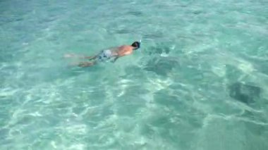 Swimming and snorkeling with stingrays ans sharks in Bora Bora, Tahiti, French Polynesia. Turquoise blue lagoon in Bora Bora. Luxury travel vacation, romantic getaway, honeymoon exotic destination 