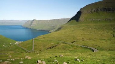 Faroe Islands. Beautiful view of Funningur Scenic Point. Amazing nature in Faroe Islands. Eysturoy Island. Gonguturur or Hvithamar Trailhead. Sunny day in summer. High quality 4k footage