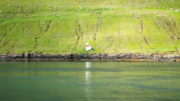 Ferry Arriving Port Sydradalur Lighthouse Faroe Amazing Faroese Nature Green — Stockvideo