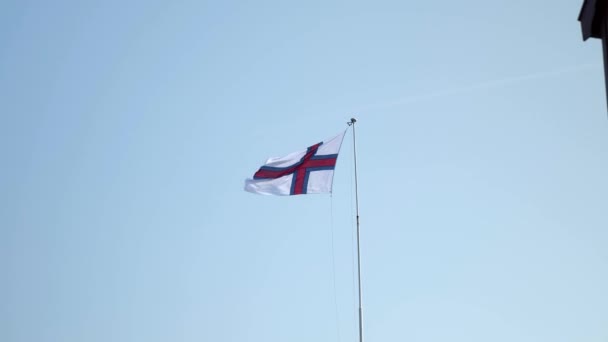 Faroe Islands National Flag Waving Air Torshavn High Quality Footage — Vídeos de Stock