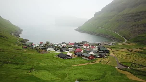 Aerial View Tjornuvik Village Faroe Islands Old Faroese Houses Middle — Vídeos de Stock
