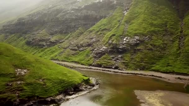Aerial View Lagoon Saksun Village Faroe Islands Beautiful Green Nature — Vídeo de stock