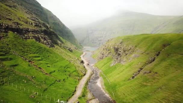 Aerial View Saksun Village Faroe Islands Beautiful Green Nature Saksun — Vídeo de stock