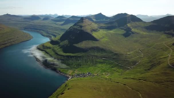 Aerial View Funningur Scenic Point Faroe Islands Sunny Day Summer — Video