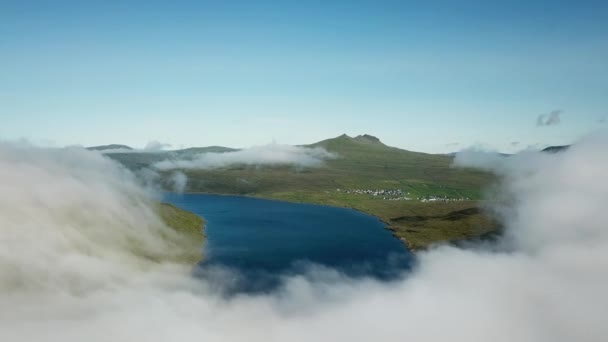 Aerial View Sorvagsvatn Lake Leitisvatn Biggest Lake Faroe Islands Flying — Stock video