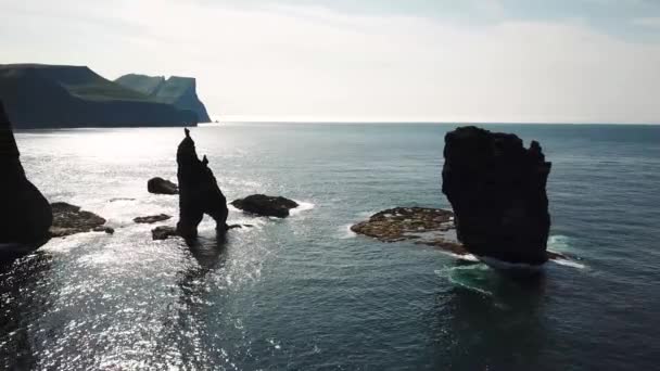 Aerial View Rock Formation Risin Kellingin Faroe Islands Giant Witch — Video Stock