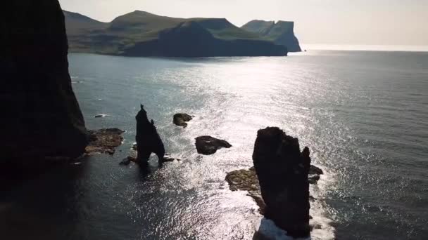Aerial View Rock Formation Risin Kellingin Faroe Islands Giant Witch — Video Stock