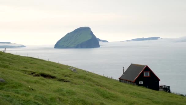 Beautiful View Small House Famous Rock Faroe Islands Amazing Nature — Stockvideo