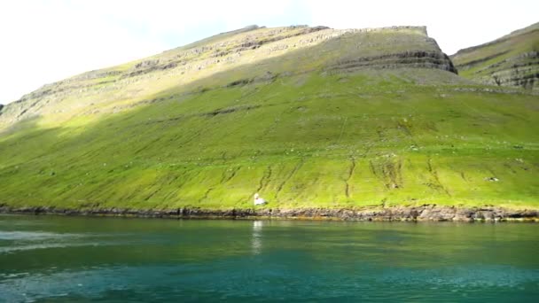 Ferry Arriving Port Sydradalur Amazing Faroese Nature Green Hills Beautiful — ストック動画
